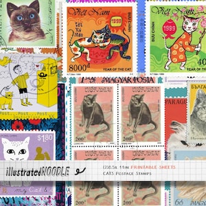 Sellos vintage de felinos: 5 hojas imprimibles de sellos de gatos