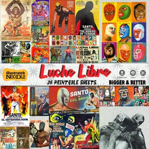 Peut inclure: Ensemble de 36 feuilles imprimables avec des affiches de lutte Luchador vintage. Les feuilles présentent des illustrations colorées de lutteurs masqués, de scènes d'action et de texte promotionnel. L'expression "Luche Libre" est bien en évidence.