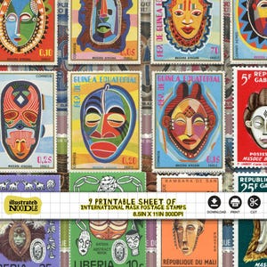 Timbre-poste de masque folklorique | Éphémères imprimables | 9 feuilles