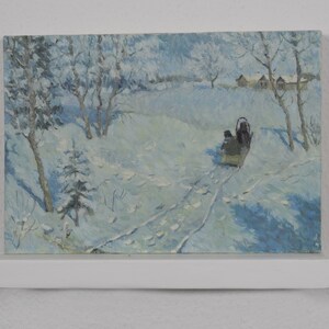 Winter landscape, horse painting, people painting, original oil painting, impressionism, artwork, landscape art, home decor