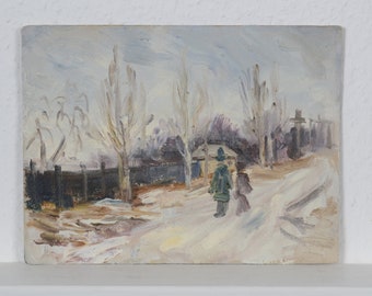 Winter landscape, landscape oil painting, vintage artwork, artistic impressionism, rural landscape, home decor