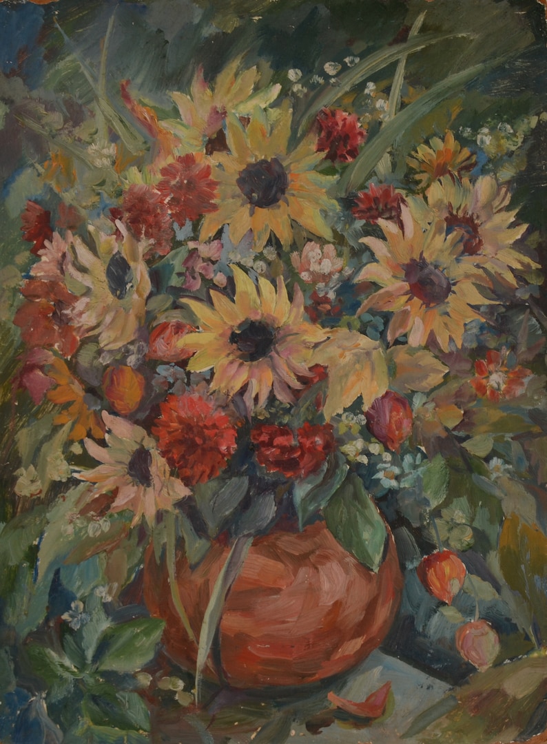 art and collectibles impressionism flower still life Antique oil painting vintage painting original still life