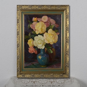 Pintura al óleo original, naturaleza muerta con flores, pintura vintage, arte impresionista, flores brillantes, bellas artes, decoración artística.
