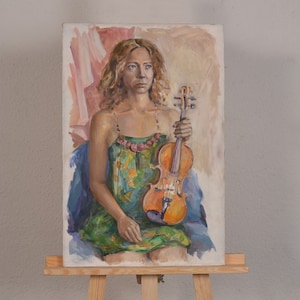 Portrait of a girl, oil painting, girl with a violin, impressionism