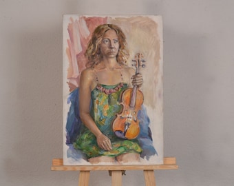 Portrait of a girl, oil painting, girl with a violin, impressionism