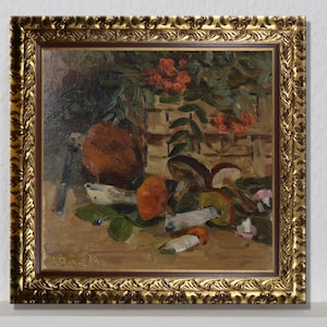 Cuadro vintage, bodegón con setas, pintura vintage, impresionismo artístico, bodegón con viburnum, bodegón bonito, decoración artística