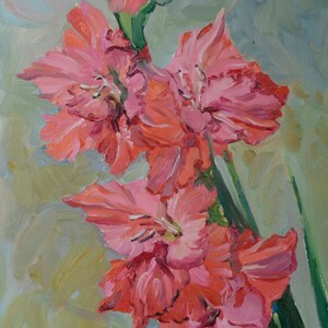Pintura al óleo original, naturaleza muerta sobre una mesa, impresionismo artístico, flores de gladiolos, bellas artes ucranianas, decoración artística