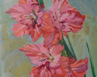 Original oil painting, still life on a table, art impressionism, gladioli flowers,  fine art, art decor