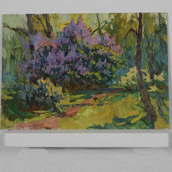 Original oil painting, landscape painting, lilac bush, flower landscape, flower bush, impressionism, kitchen decor