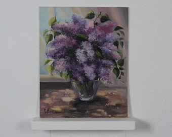 Floral still life, lilac on the table, oil painting with flowers, impressionistic painting, kitchen decor