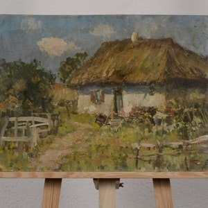 Arte impressionista, paisagem rural de verão, pintura a óleo de paisagem, pintura vintage, casa de campo antiga, arte paisagística, para decoração de casa