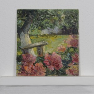 Pintura a óleo original, flores no jardim, pintura de paisagem, paisagem de verão, decoração de sala de estar