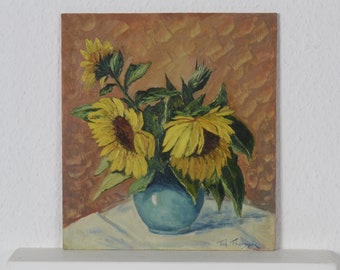 Oil painting, floral still life, sunflower bouquet, table bouquet, artwork and collectible home decor