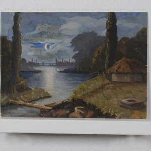 Pintura vintage, paisagem noturna, pintura de paisagem, rio noturno, paisagem fluvial, impressionismo, decoração de sala de estar