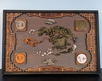 Avatar: The Last Airbender 3D Laser-Cut Hardwood Map, Fantasy Map with Stain and Poplar Frame