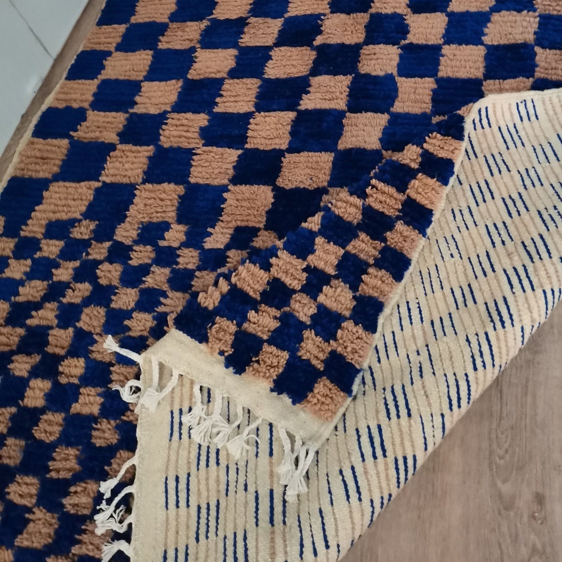 Wool Checker Rug custom Moroccan rug Blue checkered rug Etsy