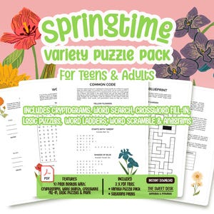 Spring Word Search, Logic Puzzle, Cryptograms | Spring Theme Puzzle Pack | Variety Puzzles and Word Games Bundle | Party Games