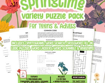 Peut inclure: Un téléchargement numérique d'un pack de puzzles variés sur le thème du printemps pour adolescents et adultes. Le pack comprend des cryptogrammes, des mots cachés, des mots croisés, des puzzles logiques, des échelles de mots, des mots mélangés et des anagrammes. La couverture présente un motif floral coloré avec des tournesols, des tulipes, des orchidées et des iris.