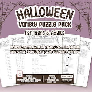 May include: A Halloween-themed puzzle pack for teens and adults. The pack includes cryptograms, word searches, crossword fill-ins, logic puzzles, word ladders, word scrambles, and anagrams. The text on the image says "Halloween Variety Puzzle Pack".