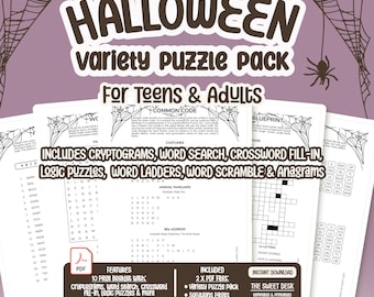 Peut inclure: Un ensemble de puzzles sur le thème d'Halloween pour adolescents et adultes. Il comprend des cryptogrammes, des mots cachés, des mots croisés, des énigmes logiques, des échelles de mots, des mots mélangés et des anagrammes. Le texte dit "Halloween Variety Puzzle Pack".