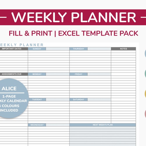 2022 Dated Weekly Planner Excel Template 2022 Editable Etsy