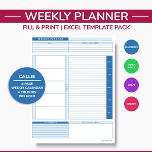 Printable Excel Weekly Planner Template, EDITABLE Planner con un elenco di cose da fare settimanali - CALLIE