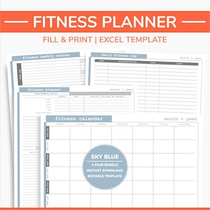 PRINTABLE Excel Fitness Calendar, Fitness Planner, Fitness Journal & Workout Log - BLUE
