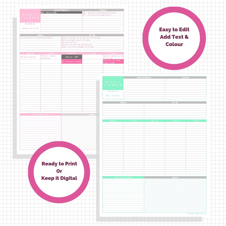 printable excel weekly planner template editable one page etsy