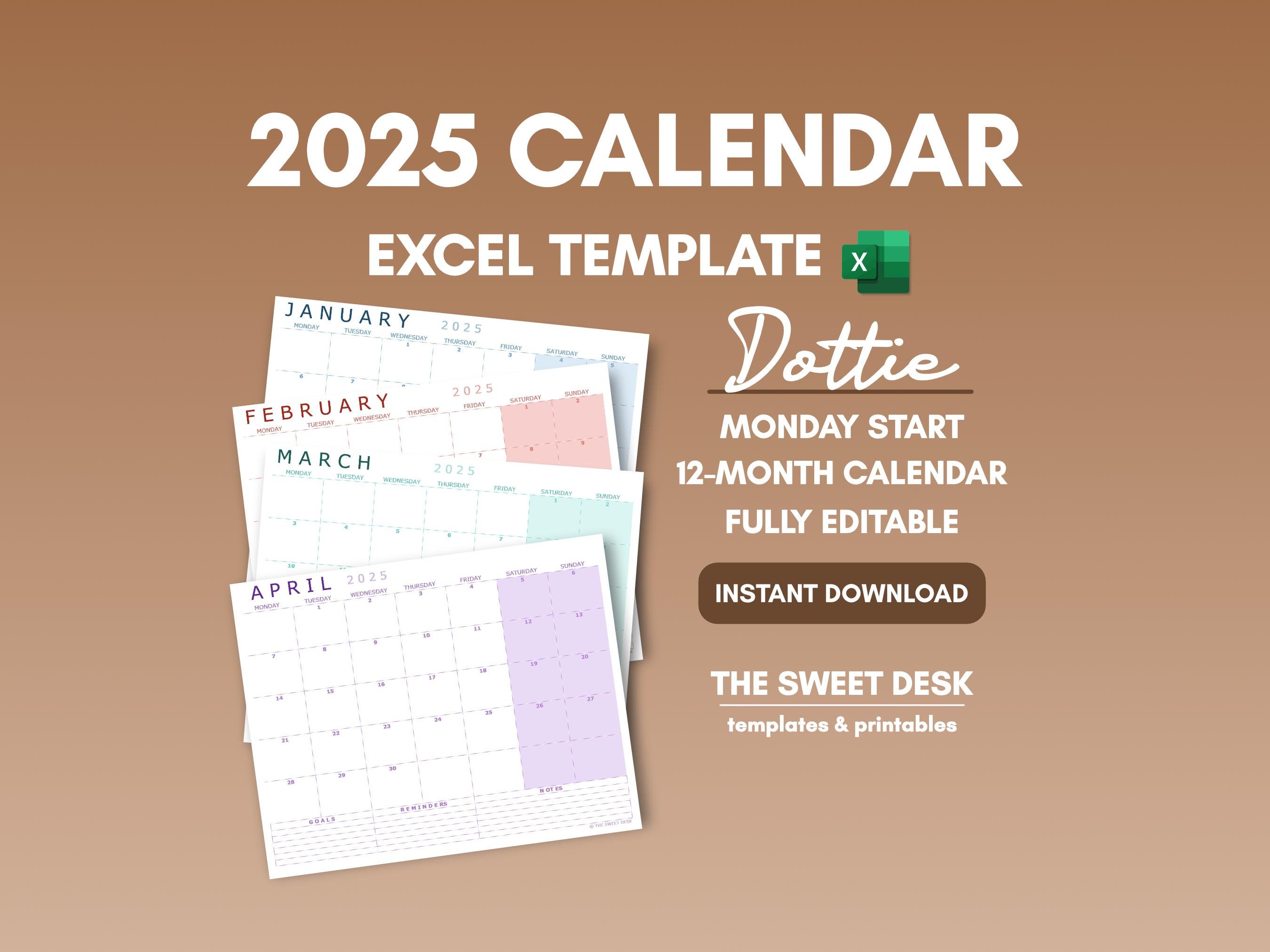 2025 Calendar Monday Start Printable, Excel Calendar Template, Editable