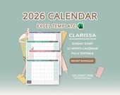 2026 Excel Calendar Template | Monthly Calendar Template | Customizable Digital Planner Monthly | Editable | CLARISSA