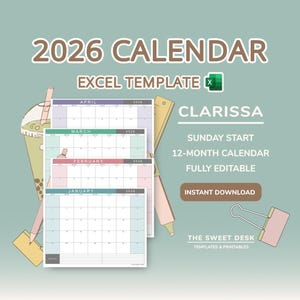 Könnte beinhalten: Eine digitale 2026 Kalendervorlage mit Pastellfarben. Das Design umfasst monatliche Layouts für Januar, Februar, März und April. Der Kalender ist vollständig editierbar und steht zum sofortigen Download bereit.