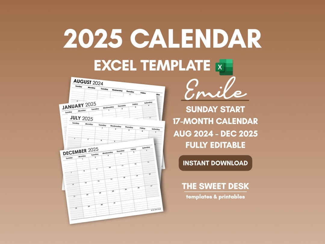 17-month calendar template, aug 2024 to dec 2025, excel calendar template  2025 sunday start, minimalist calendar black & white, emile - etsy