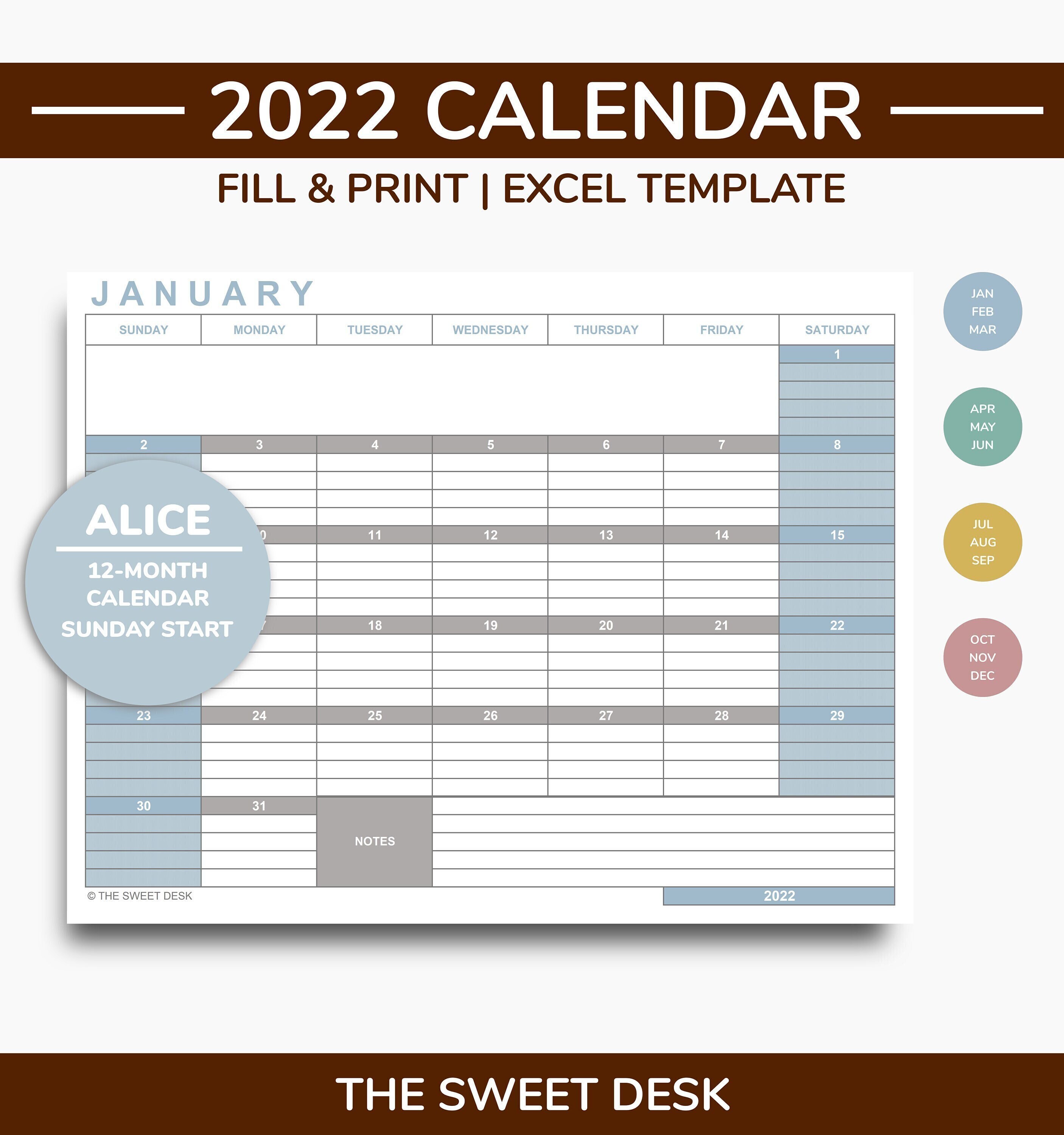 printable calendar 2022 excel template editable academic etsy canada