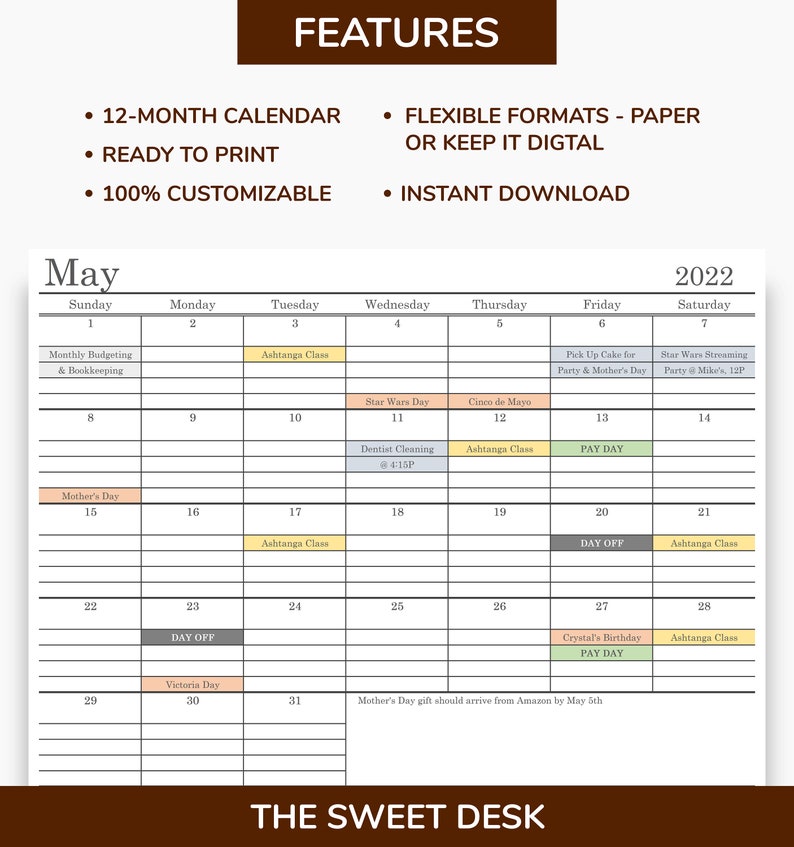 Modello di calendario Excel 2022 modificabile / Pianificatore Etsy Italia