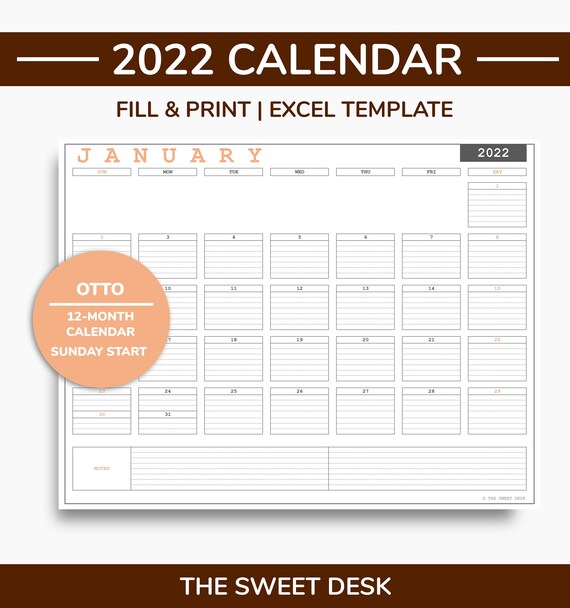 printable calendar 2022 excel template 2022 calendar etsy
