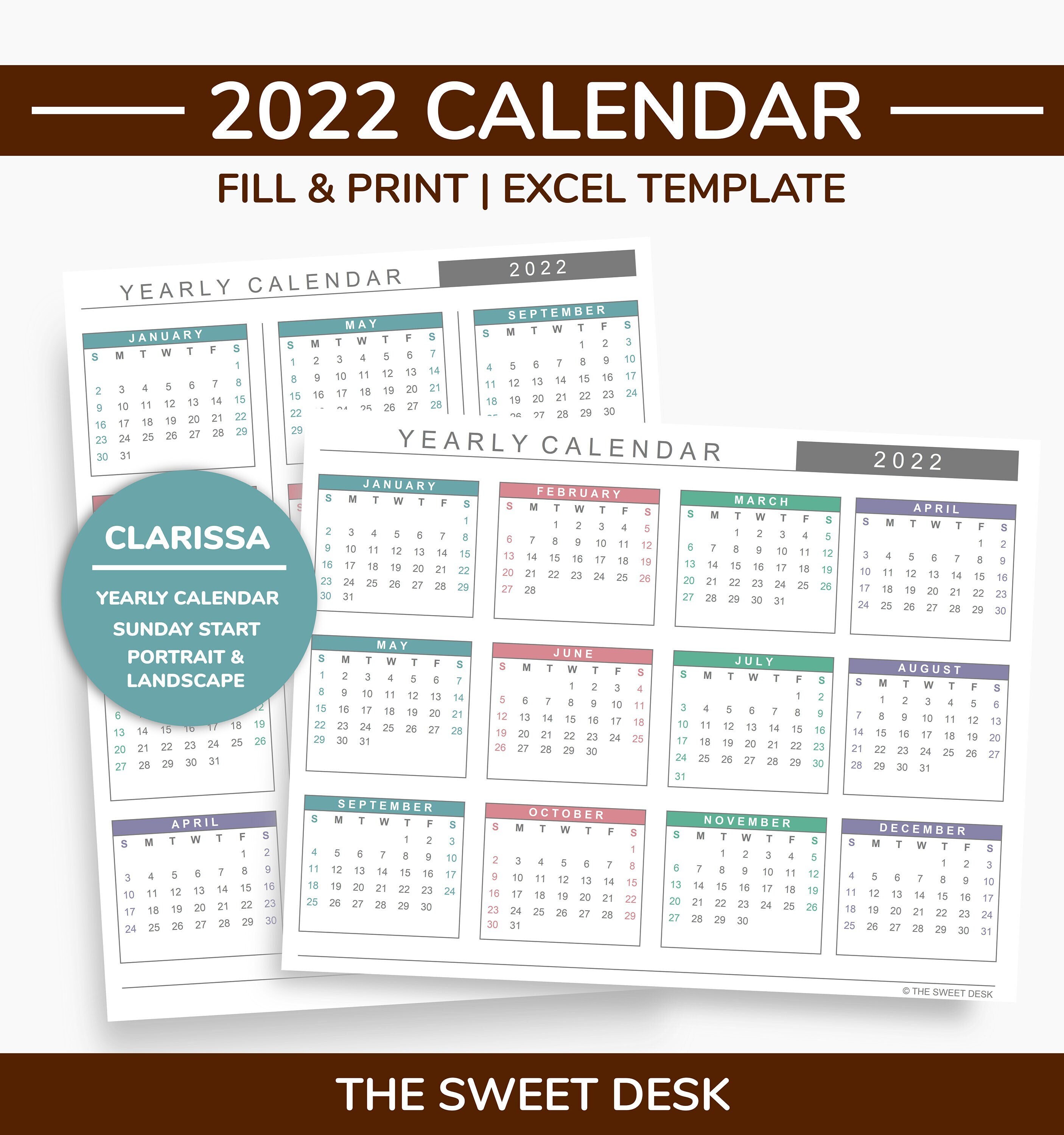 2022 Yearly Calendar PRINTABLE Excel Template MINIMALIST - Etsy