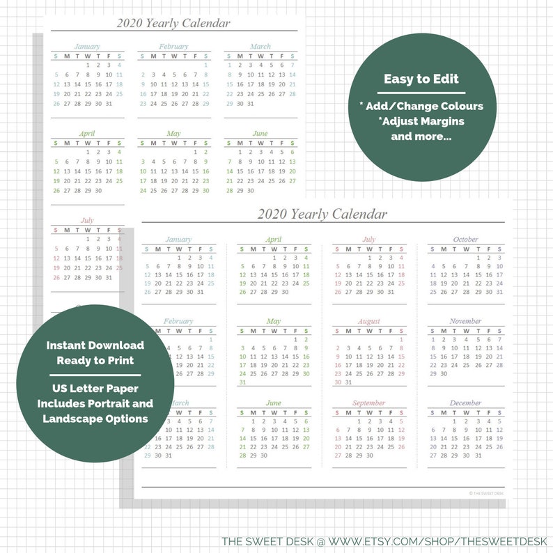 Editable 2020 Excel Yearly Calendar Template Printable Etsy