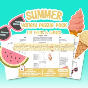 May include: A digital summer variety puzzle pack for teens and adults featuring printed pages with cryptograms, word searches, crossword fill-ins, logic puzzles, word ladders, word scrambles, and anagrams, decorated with illustrations of sunglasses, ice cream, and watermelon.