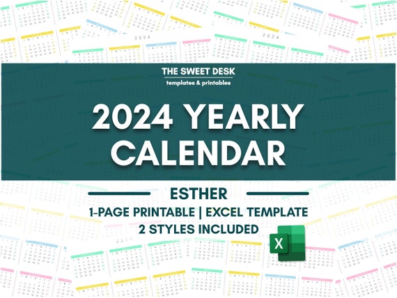 2024 Yearly Calendar Printable, Excel Calendar Template, Landscape &  Portrait Calendars 2024, Year at a Glance, ESTHER - Etsy