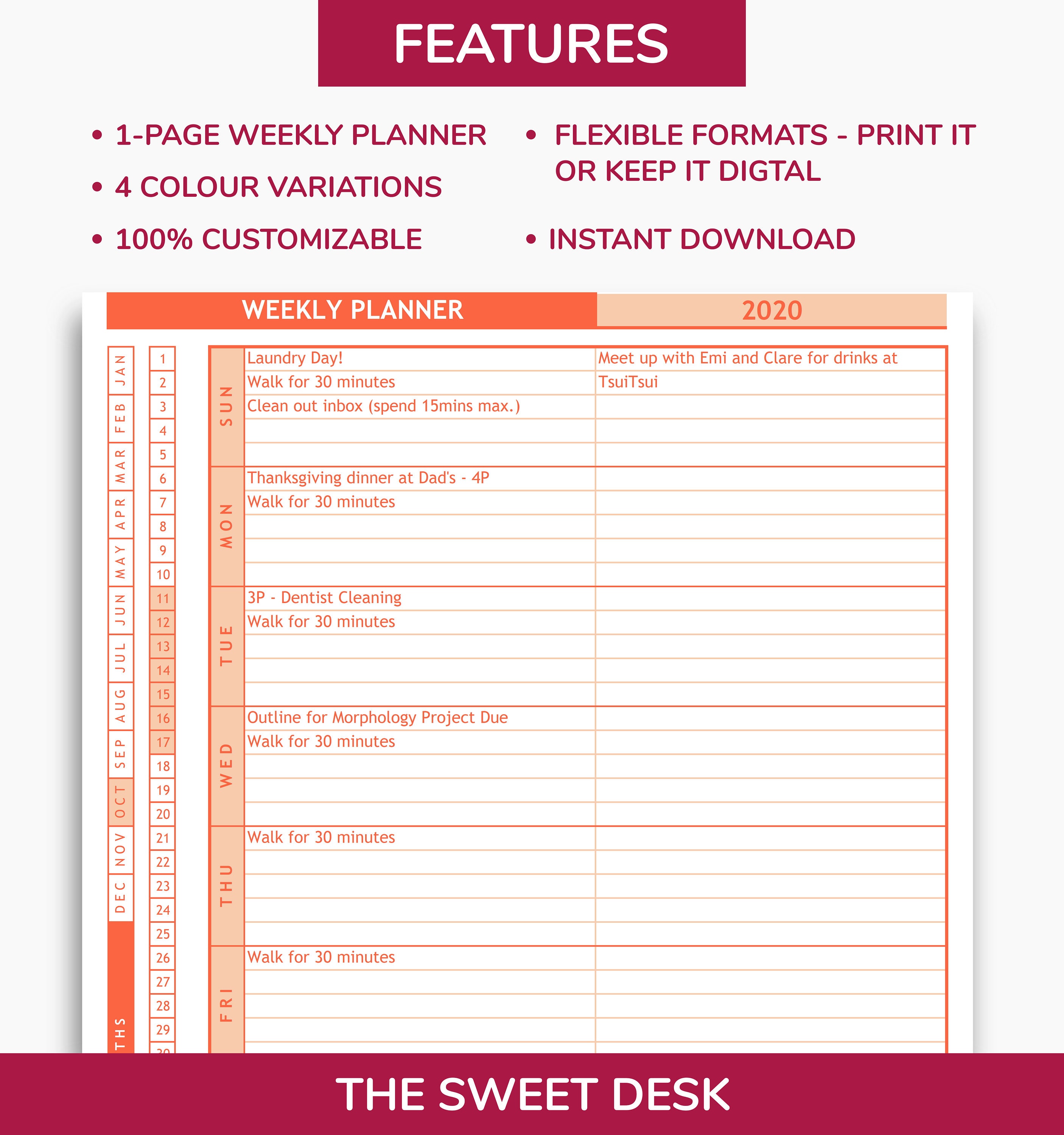 Editable Weekly Planner Excel Template Printable Weekly Calendar One Page  Planner KINDER - Etsy