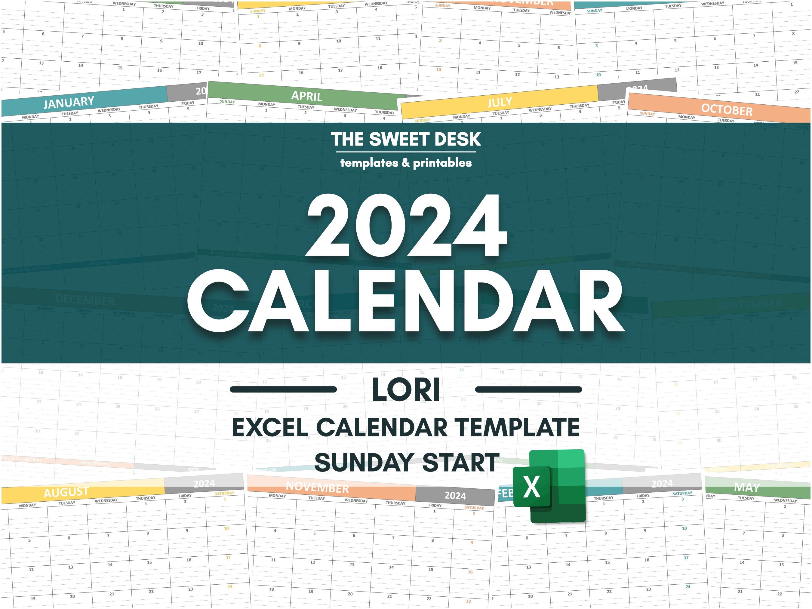 2024 Excel Calendar Template, Calendar Printable Sunday Start, Monthly  Calendar Template Editable, LORI - Etsy