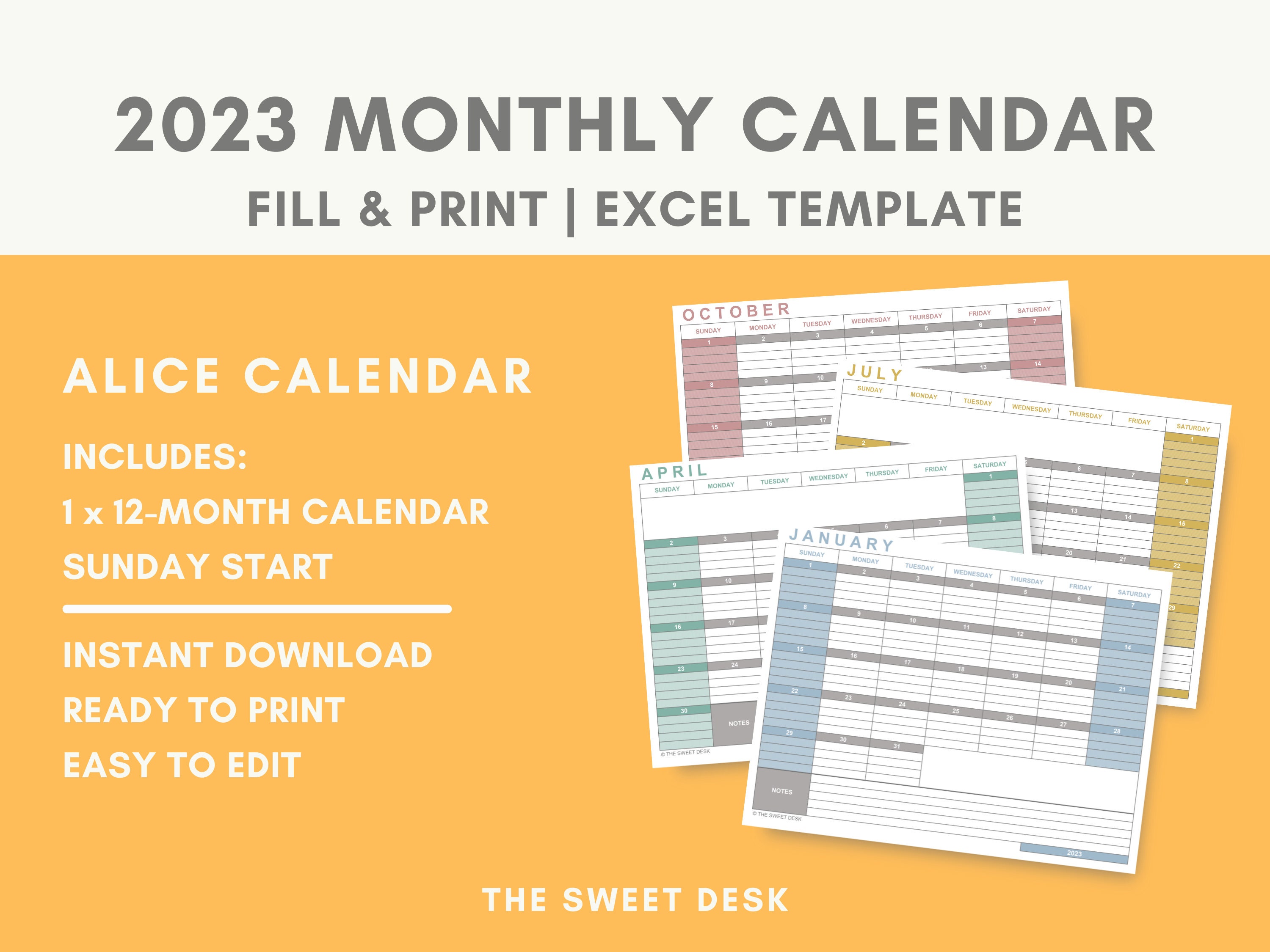 PRINTABLE Calendar 2023 Excel Template ACADEMIC Monthly - Etsy