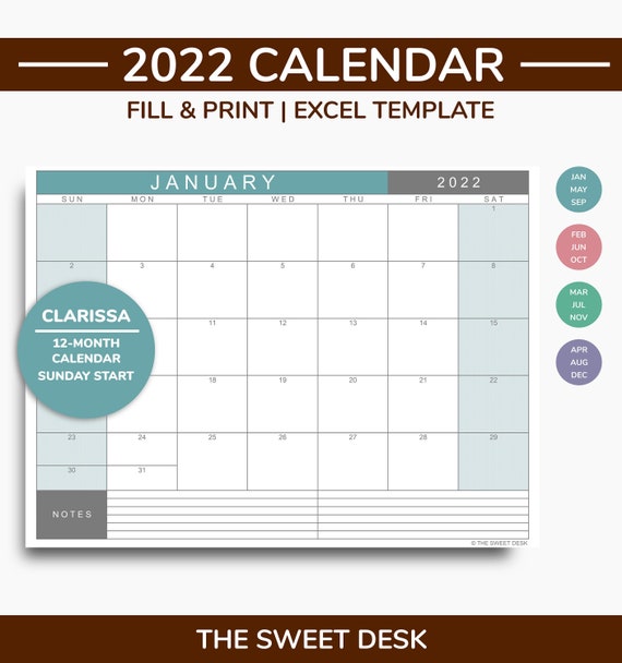 printable calendar 2022 excel template 2022 calendar etsy