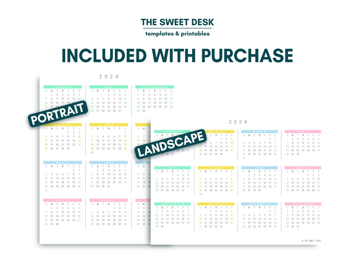 2024 Yearly Calendar Printable, Excel Calendar Template, Landscape