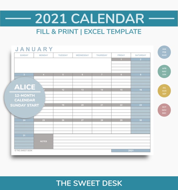 Druckbare Kalender 2021 Excel Vorlage Bearbeitbare Etsy