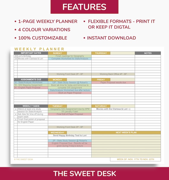 Editable Weekly Planner Excel Template Printable Weekly Calendar One Page  Planner ALICE - Etsy