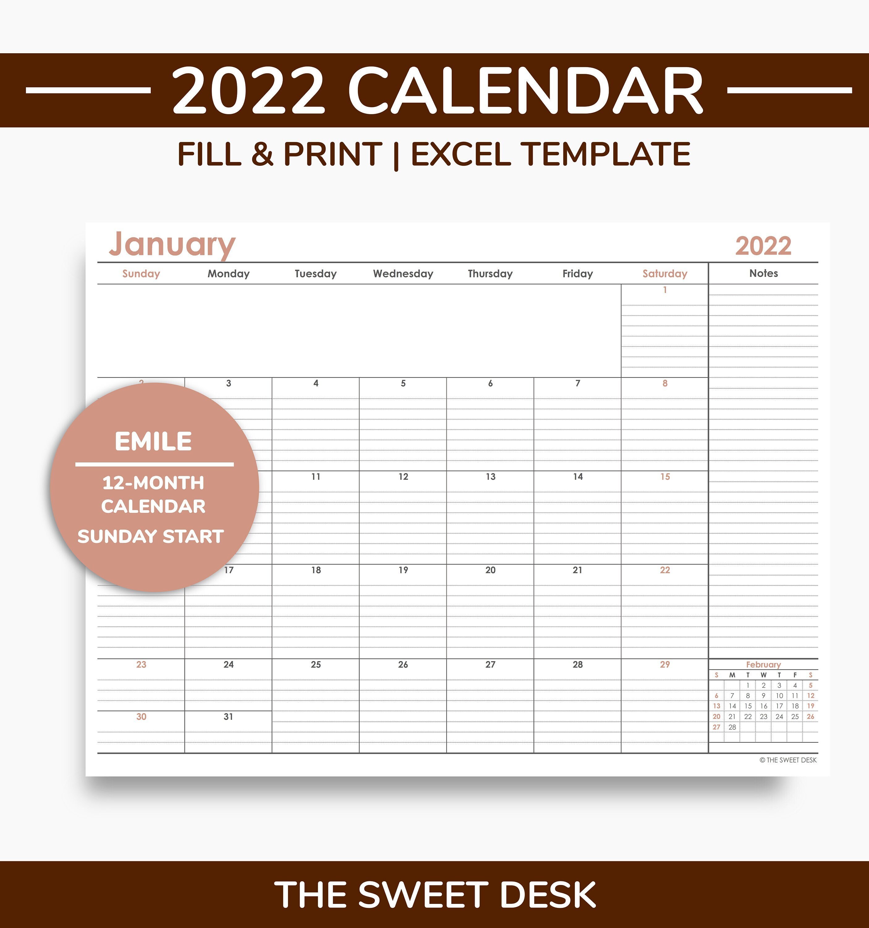 Printable Calendar 22 Excel Template 22 Calendar Etsy