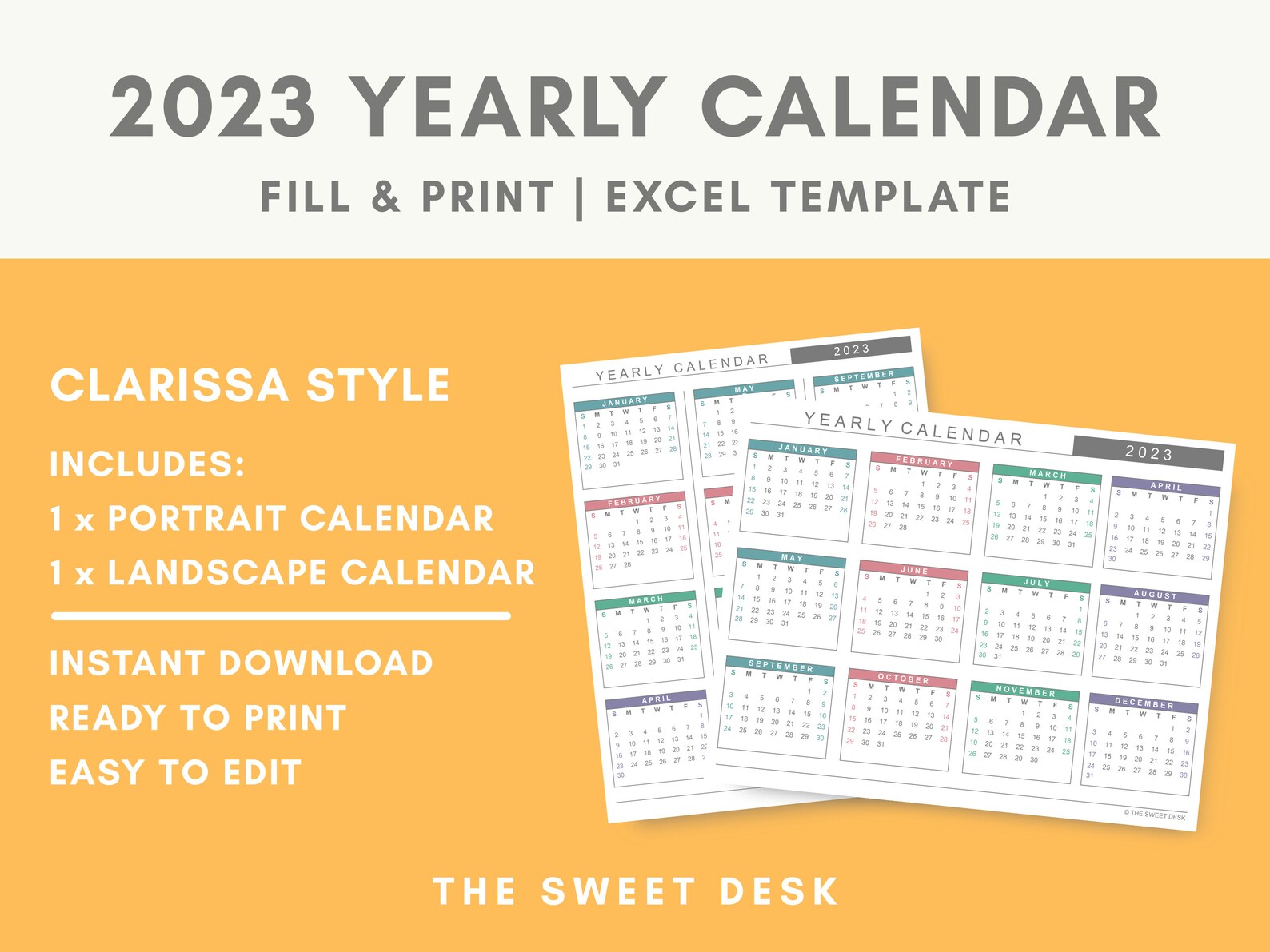 2023 Yearly Calendar Printable Calendar Instant Download - Etsy India