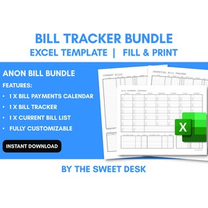 EDITABLE Monthly Bill Payment Tracker Bundle | Bill Payment Calendar | Bill Log | Payment Checklist | Excel Template | Printable US Letter