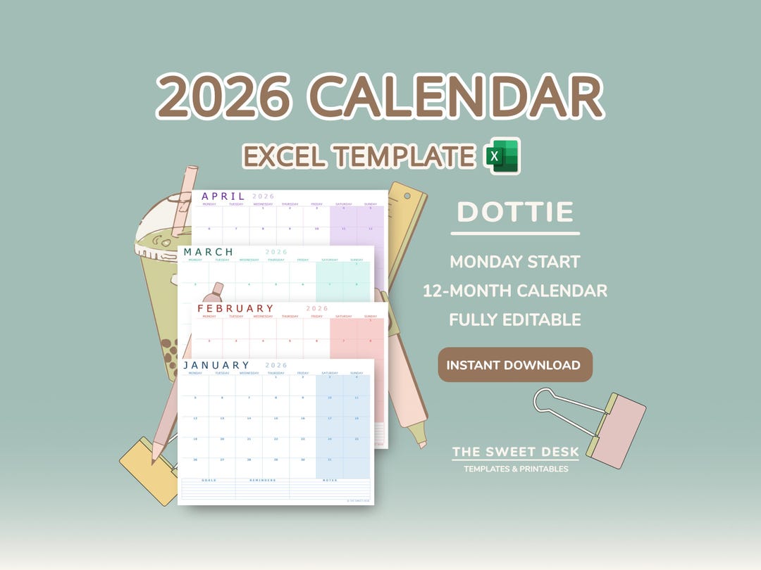 2026 Calendar With Monday Start | Editable Excel Template | Printable ...